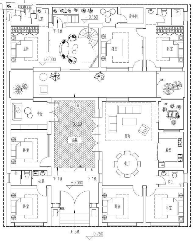 　別墅設(shè)計(jì)：一層緊湊型四合院，面積利用率高，適合在農(nóng)村地區(qū)修建。